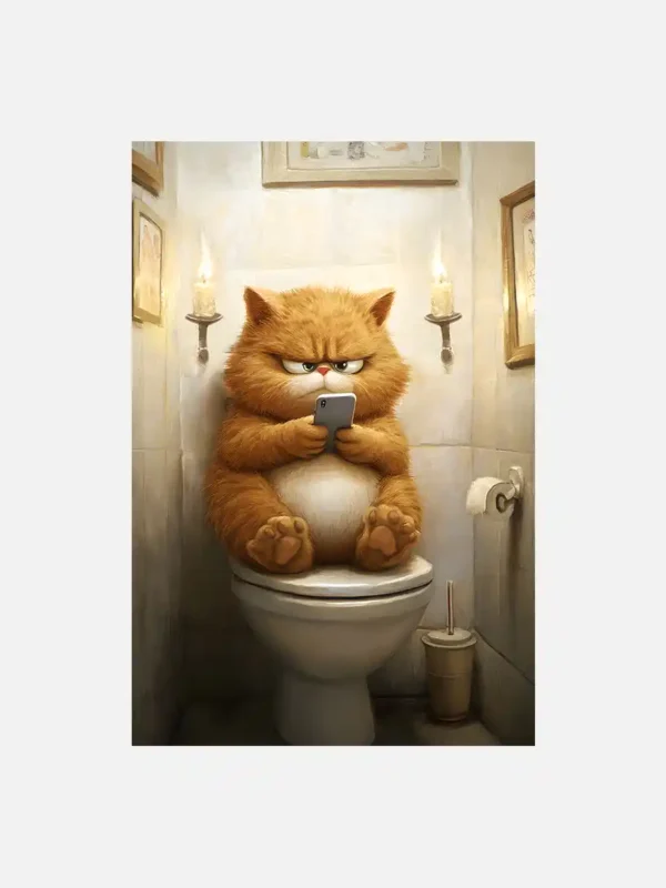 Humorous Cat on Toilet Canvas Art